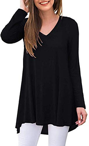 POPYOUNG Women's Long Sleeve Tunic Tops Fall Shirts to Wear with Leggings Loose Fit Dressy V-Neck Blouse M-5XL L, Black
