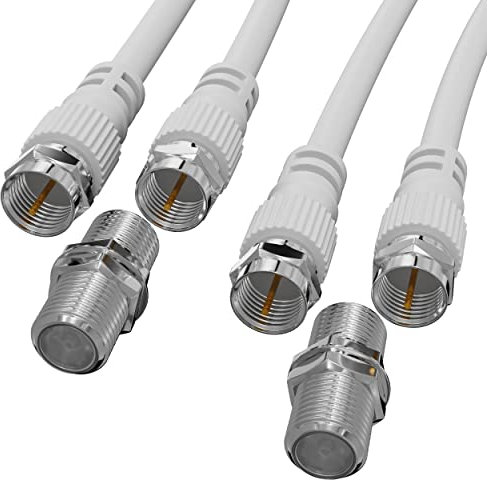 ConnectingU® Twin Pack 3m White Satellite Coaxial Cable Kit (Virgin Media & Sky Compatible) - Male to Male Cable with F-Type Connectors Bundled with an F-Type Female to Female Coupler