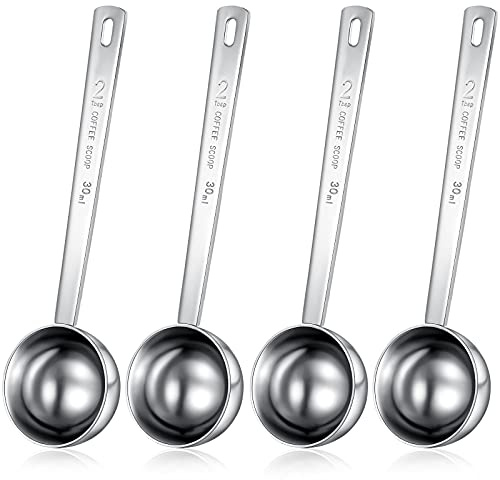 Geiserailie 4 Pcs 2 Tablespoon Scoops with Long Handle, 30 ml Stainless Steel Measuring Spoon for Coffee Milk Fruit Powder, Loose Tea Dry, Spice Jar, Cooking Baking, and Other Dry Goods