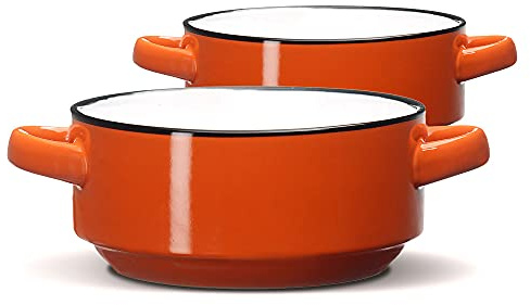 ECODECO Ceramic Soup Bowls with Handles – Set of 2 (16 oz) – Orange | Oven & Microwave Safe – Gift Boxed – Ideal for French Onion Soup, Baked Meals & Housewarming Gifts