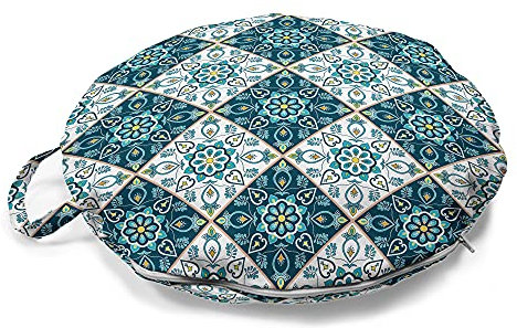 ABAKUHAUS marokkanisch Rundes Bodenkissen mit Griff, Folkloric Blumen-Verzierungen, dekoratives Kissen für Wohnzimmer & Schlafsäle, 45 cm, Dunkler Teal Senf