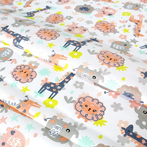 Kinderstoff Baumwolle Meterware 140 cm – Tiere Abenteuer mit Giraffe, Löwe & Elefant – Baumwollstoff weiß bunt – schadstoffgeprüft für Kinderbettwäsche, Kleidung & Deko