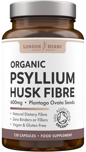 London Herbs Organic Psyllium Husk Capsules 1200mg | High Strength Psyllium Husk Fibre Supplement | 120 Vegan Capsules | Daily Soluble Fibre Supplement