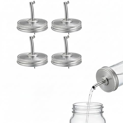 DOITOOL 4er Mason Jar Deckel mit Ausgießer 70mm – Edelstahl Öl- & Essigspender Aufsatz – Tropffreier Ausgießdeckel für Einmachgläser – Professioneller Verschluss für Vorratsgläser & Küchenorganisation