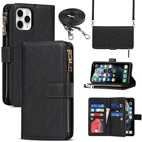 CAVOR Handykette Handyhülle kompatibel mit iPhone 11 Pro Max Hülle Mit Band,Flip Leder Geldbörse Hülle Mit Kette,[9 Kartenfach][Doppelte Schnalle],Umhängeband Klapphülle Handytasche - Schwarz