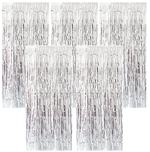 Torytoe 5 Stück Lametta Vorhang Silber, Glitzervorhang Lametta Glitzer Party Vorhang Folien Fransen Vorhänge für Geburtstagsfeier Abschlussfeier Hochzeitsfoto Hintergrund Weihnachten Party, 1 x 2m