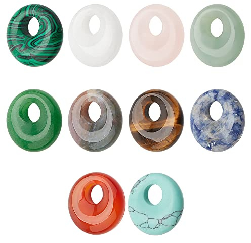 NBEADS 10 Stück 10 Stile Natürliche Donut Edelstein Anhänger, 17.5mm flache Runde synthetische Donut Stone Anhänger Große Lochscheibe Heilkristalle Perlen Charms für Schmuckherstellung, Loch: 5,5 mm