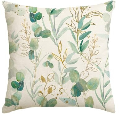 Artoid Mode Funda de cojín verde con hojas de eucalipto, 45 x 45 cm, funda decorativa de temporada para verano y primavera, para decoración de salón y sofás