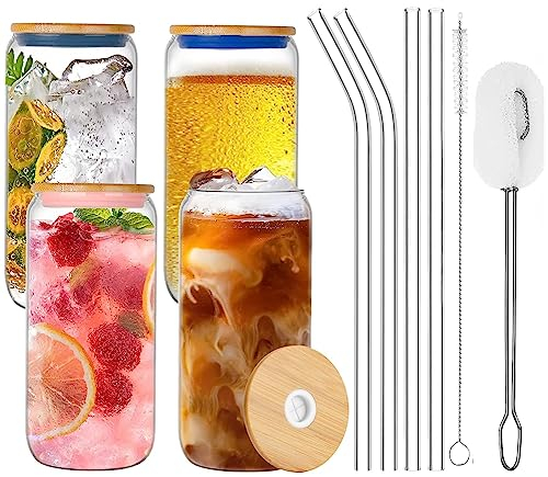 LATERN 10 Piezas Cerveza Latas Vasos Juego, 4 Piezas 20oz /600ml Latas Forma Helado Beber Vidrio Copas con 4Pz Tapa y Pajita, 2Pz Limpieza Cepillos - para Cóctel Whisky Té Batido Café Té Soda