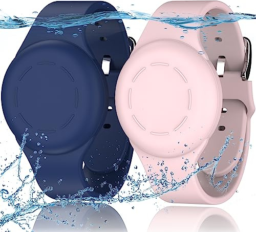 R-fun Lot de 2 Bracelets étanches pour Enfants compatibles avec Apple Air Tag Tracker avec Silicone Souple, Coque Anti-Perte pour Enfants, Bleu Nuit/Rose