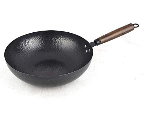 OQHAIR Wok Pan Induction 32cm No Chemical 100% Carbon Steel Stir Fry Pan with Detachable Wood Handle