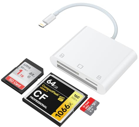 3 in 1 SD Card Reader for iPhone iPad, Camera Card Viewer OTG Memory Card Adapter for Trail Camera,DSLR Dash Cams,for MicroSDXC,MicroSDHC,TF,SDXC,SDHC,SD,MMC,CF,Compact Flash Card,Plug&Play