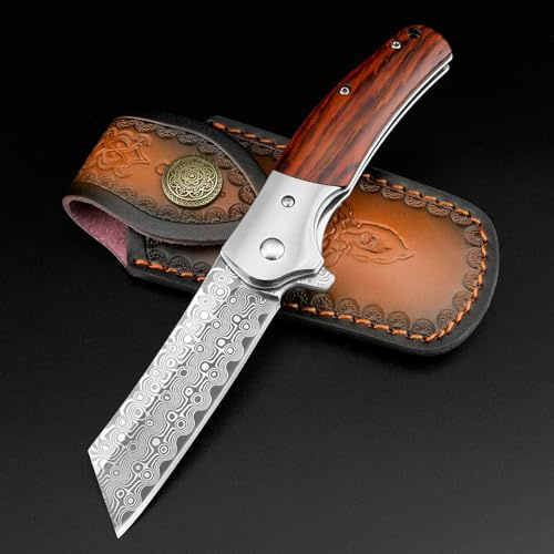 AUBEY Damast Taschenmesser Klappmesser Einhandmesser mit Gürtelclip, DMQEM | Scharfes Outdoor EDC Messer, Damaststahl-Klinge, Holzgriff, Flipper, Liner Lock, leicht zu öffnen, Jagd, Camping & Geschenk