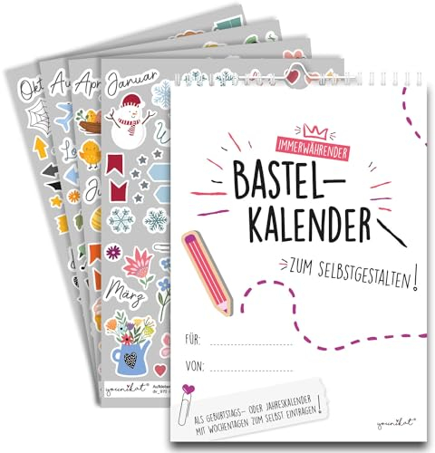 Bastelkalender mit 229 Aufkleber I DIN A4 I Fotokalender Pink zum Selbstgestalten mit Jahreszeiten-Aufklebern I ohne Jahr I Geburtstagskalender undatiert I dv1325