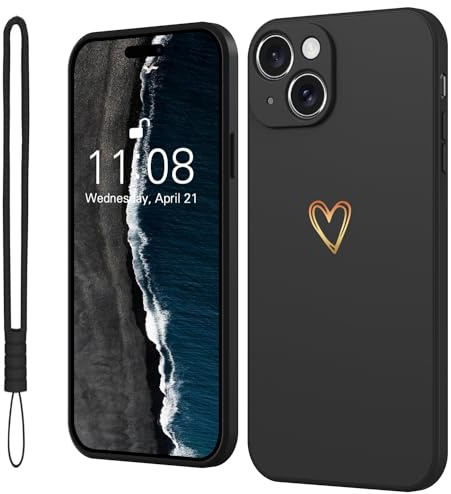Mitetabo Handyhülle für iPhone 13 Hülle Silikon mit Gold Liebesherz, Mädchen Case Weich Slim Stoßfest Kratzfeste Süßes Gold Love Schutzhülle für iPhone 13 6.1 Schwarz