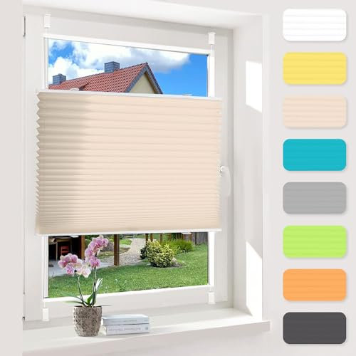OUBO Plissee ohne Bohren Beige 60x220cm Plissee Klemmfix Version Plisseerollo Sichtschutz und Sonnenschutz Blickdicht Easyfix lichtdurchlässig Rollo für Fenster & Tür Einfache Montage