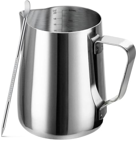 Jarra espumadora de leche, taza espumadora de leche de 20 onzas/600 ml, jarra de acero inoxidable, jarra de vapor, jarra de vapor para café con leche, capuchino, latte, arte, barista, jarra de leche