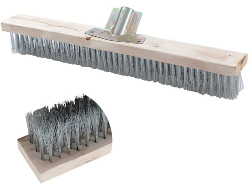 TOPWAY Cabezal de cepillo de alambre de acero inoxidable de 45 cm con parte trasera de madera y soporte chapado en zinc para exteriores, jardín, suelo, barrido, pavimento de malas hierbas, caminos de