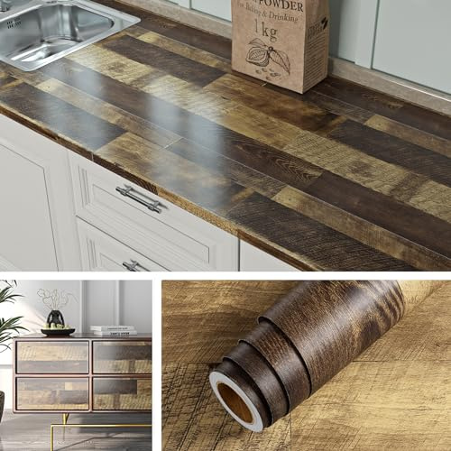 Livelynine Revêtement Plan de Travail Adhésif Cuisine Tasseaux de Bois Marron 40CMx5M Lavable Papier Peint Bois Autocollant Mural Salon Chambre Rouleau Adhesif pour Meuble Couleur Bois Bureau Placard