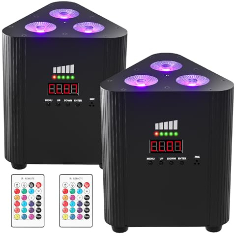 ZonQoonz 2er Akku RGBW 3 LED par mit Fernbedienung, 4400mA Wiederaufladbarer DMX LED Par Scheinwerfer Uplight mit Leistungsanzeige kabellos DJ Bühnenlicht für KTV Disco Party Hochzeits Weihnachten