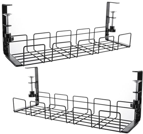 JMIATRY Under Desk Cable Management Tray Set of 2, No Drill Cable Tray for Storing Extension Cords and Hiding Wires, Metal Black Cable Rack with Clamp for Home, Office, Internet Cafe, Kitchen