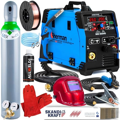 ALLWELD Sherman MIG 200HD - Vollsynergisches 200A MIG MAG Schutzgasschweißgerät mit Fülldraht, Lift-WIG, MMA und Lötschweißen Funktion - Inverter Schweißgerät IGBT - Set:ProfessionalPlus