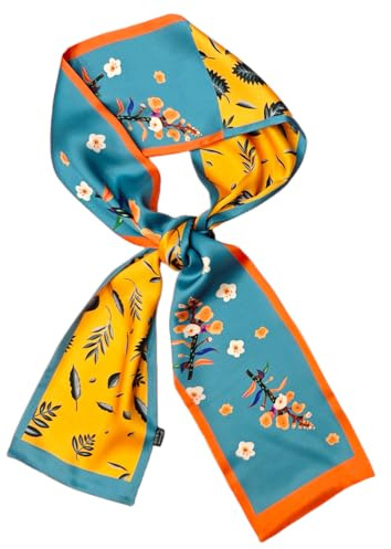 GIMIRO Sciarpa in seta satinata a doppio strato, 150 x 16 cm, cravatta a fiori, cintura in vita per blazer, cappotto, abito, 64 # giallo – blu floreale, 150cm x 16cm
