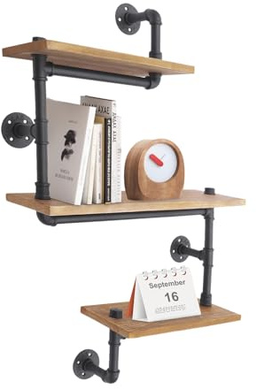 Vintage Shelves Wandregal, Schweberegal mit 3 Ebenen, 3 Schichten Industrielle Rohrregal Wandregal Massivholzregal Rohr Regal Metall Aufbewahrungsregale Bücherregal Lagerung Retro