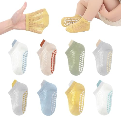YANWANG 8 paia di calzini antiscivolo per bambini Calzini traspiranti carini per bambini, ragazzi e ragazze (Blue, L:3-5 Y)