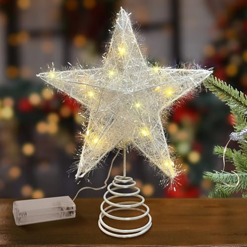 Estrella Arbol De Navidad con Luz 25*20cm Estrella Superior De áRbol De Navidad Metal Estrella De Navidad, Punta Del Decoracion Arbol Navidad, Tapa De áRbol De Nieve Con Pentagrama Iluminado (Blanco)