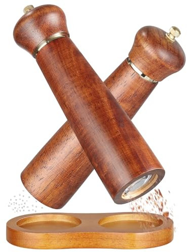 BEZORR Salt and Pepper Grinders Set, 8inch Wood Salt Mill Pepper Grinder Set, Adjustable Coarseness Pepper Mill with Tray,Refillable Spice Grinder Shakers for Cooking and Baking
