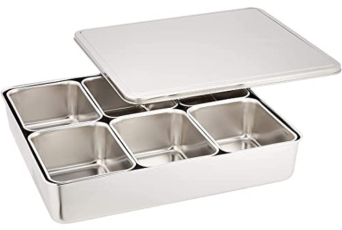 TIKUSAN Rostfri kryddbehållare Yakumi panna krydda förvaringsbox bricka med lock medelstorlek tillverkad i Japan (6 behållare)
