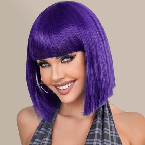 PORSMEER Dunkelviolett Perücken mit Pony für Frauen, Synthetische Bob gerade Perücken Schulter Länge farbige Perücken für Halloween Kostüm Party & Cosplay wig 35cm(Violett)