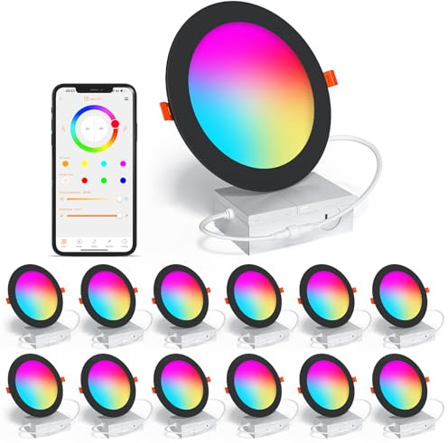 SikSog Black Smart Recessed Lighting 6 Inch RGBCW Color Changing 16W LED Downlight with Junction Box,1350 Lumen Recessed Ceiling Light Compatible with Alexa,Dimmable by Bluetooth Control -12Pack