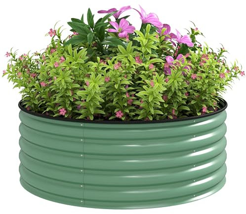 Outsunny Galvanised Raised Garden Bed with Safety Edging, Outdoor Raised Planter Box with Gloves and Open Bottom, Metal Raised Bed for Flowers, Vegetables and Herbs, 120 x 120 x 43cm, Light Green