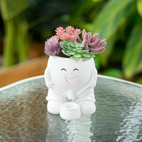 BOSENIYU Pot de fleurs avec visage souriant, pot avec trou de drainage pour décoration intérieure et extérieure (couleur blanche)