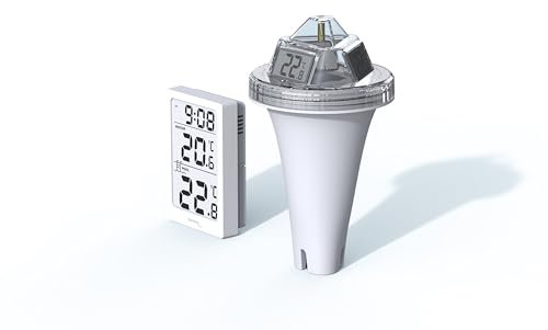 Technoline Termometro digitale radio per piscina WS9079 con stazione, misura la temperatura dell'acqua e trasmette i dati via radio alla stazione, la stazione misura anche la temperatura interna