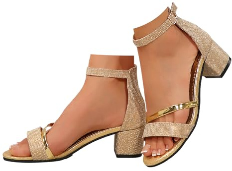 Xbemkste Damen Sandalen mit Absatz Elegant Riemchensandalen mit Blockabsatz Glitzer Sandaletten Offene Zehen Sommersandalen Party Hochzeit Sandalen (Gold, 40)