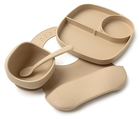 Muchmellow - Set Pappa Silicone MADE IN ITALY 4 Pezzi, Ciotola con Ventosa Anticaduta, Piatto, Cucchiaio, Bavaglino Regolabile, Svezzamento, Plastic Free, BPA Free, Lavabile Lavastoviglie (Beige)