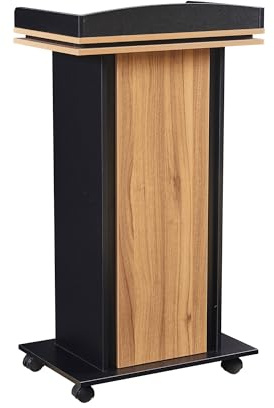 TinFrey Stehpult aus Holz mit Rollen, 108×60×40 cm Podiumständer mit 2 Ablagen, Mobiles Rednerpult in Schwarz Holzoptik für Büro, Kirche, Klassenzimmer, Seminar und Konferenzraum