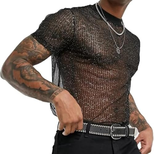 Men's Shiny Shirts, Short Sleeve Round Neck Sparkly Disco Rave Hot Tops, Mesh Sheer Sequins Party Clubwear Holiday Tee Top, Sexy Breathable Transparent Regular Undershirt for Nightclub Daily Wear