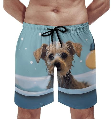 asbwuo Funny Dog in Bathtub Mens Swim Trunks Quick Dry Swim Shorts with Mesh Lining Funny Board Shorts Bathing Suits