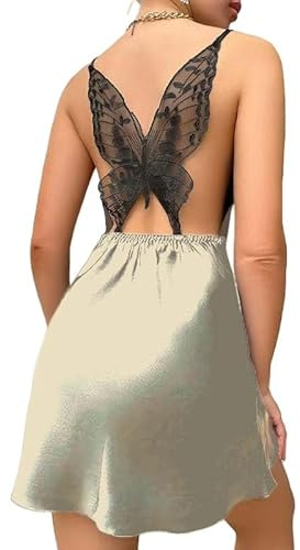 Lencería Sexy de Satén de Seda con Cuello en V para Mujer Camisón de Color Liso Falda de Tirantes Cruzados Sin Espalda con Decoración de Mariposa Negra Ropa de Dormir Ropa de Estar en Color Champ
