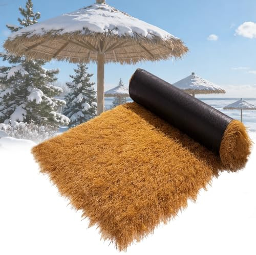 Artificial Grass Roof, 1M*10M Cuttable Synthetic Thatch Palm Hay Bales Material Art DIY Crafts Roll Yellow Palapa Weatherproof Plam Mexican Style Straw Upgraded and Encrypted for Houses Garden Decor