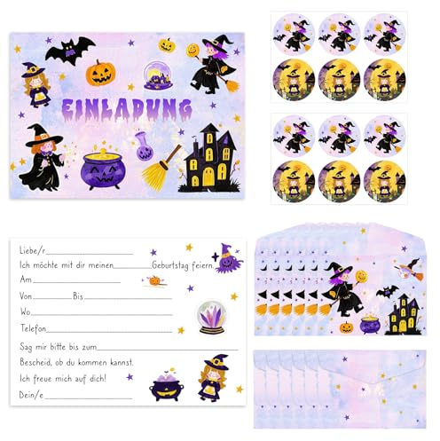 Hpbaggy Halloween Einladungskarten - 12 Hexen Einladungskarten mit Umschlägen und Aufklebern,Zauberhafte Hexen Einladung,Halloween Party einladungskarten für Jungen Mädchen Kinder
