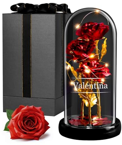 Maverton Rose Eternelle sous Cloche en Verre avec Personnalisation | Fleur Eternelle Cadeau Maman, Rose Rouge Artificielle 21x11 avec Lumière LED, Idee Cadeau Anniversaire Femme Original, prénom