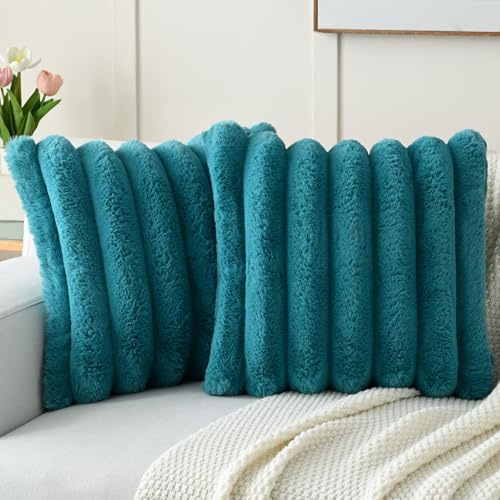 FUTEI Set of 2 Fluffy Faux Rabbit Fur Cushion Covers 45x45 cm,Teal | Wide Striped Textured Plush Fabric Front/Premium Velvet Back,Hidden Zipper,Machine Washable,Non-Shedding,Colorfast,No Filling