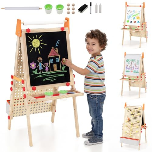 COSTWAY 4 in 1 Kids Easel, Double-Sided Chalkboard and Magnetic Whiteboard with Paper Roll, Marble Run Side, Storage Tray, Height Adjustable Children Art Easels for Girls Boys