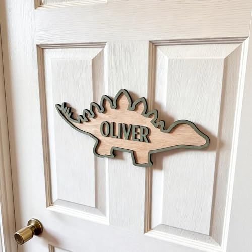 Personalised Kids Door Name Sign, Custom Wooden Dinosaur Shape Door Plaque with Name, Nursery Bedroom Door Sign, Children's Room Wall Decor (Stegosaurus)