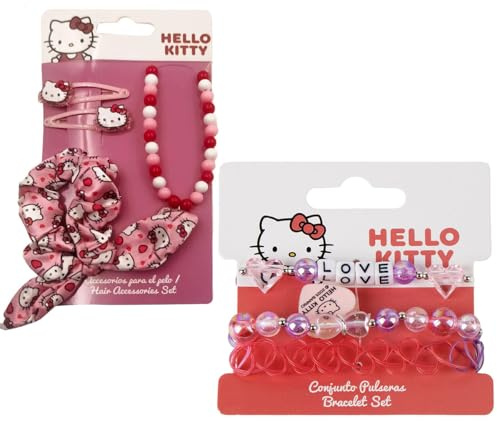 Hello Kitty - Set di gioielli e accessori per capelli da ragazza, 2 bracciali, collane con perle, tiranti e pinze, set moda per bambini, idea regalo per ragazza Hello Kitty